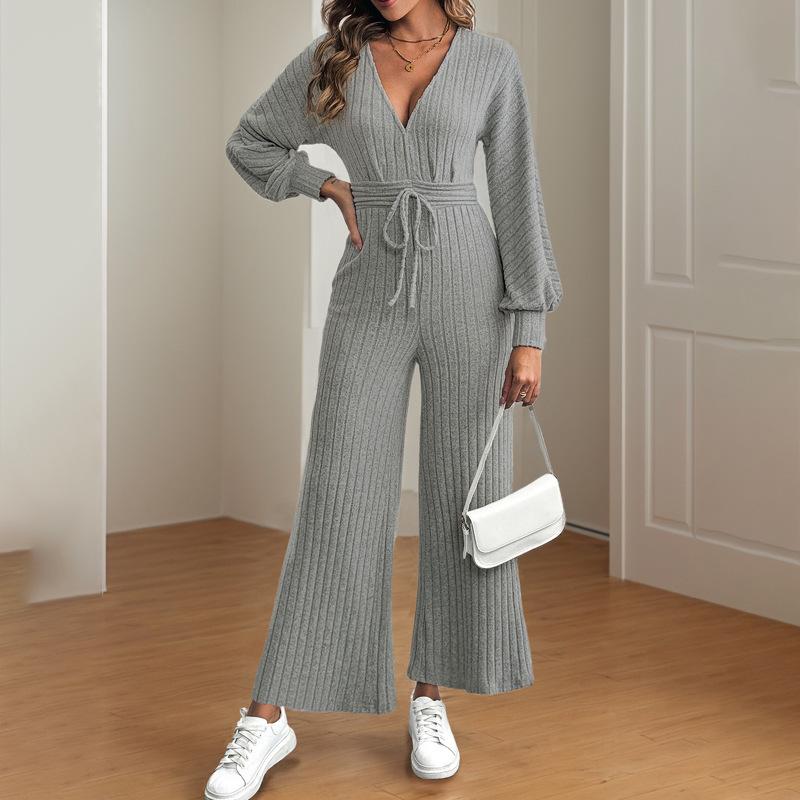 

Новые стили пушистых комбинезонов V-образный вырез шнуровка рукав «летучая мышь» однотонный комбинезон с широкими штанинами S серый