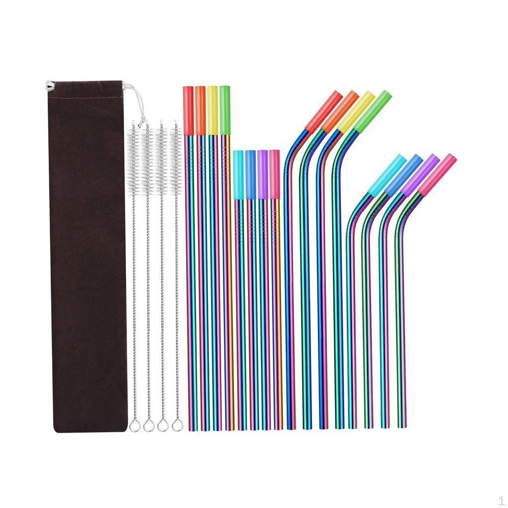 16 Pieces Metal Straws, Colorful Travel with Cleaning Brush Stainless Steel Straw Set Reusable