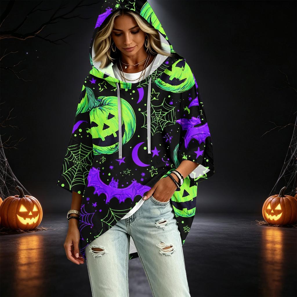 Women's Fashionable Three-Quarter-Sleeve Halloween-Printed Hooded Pullover