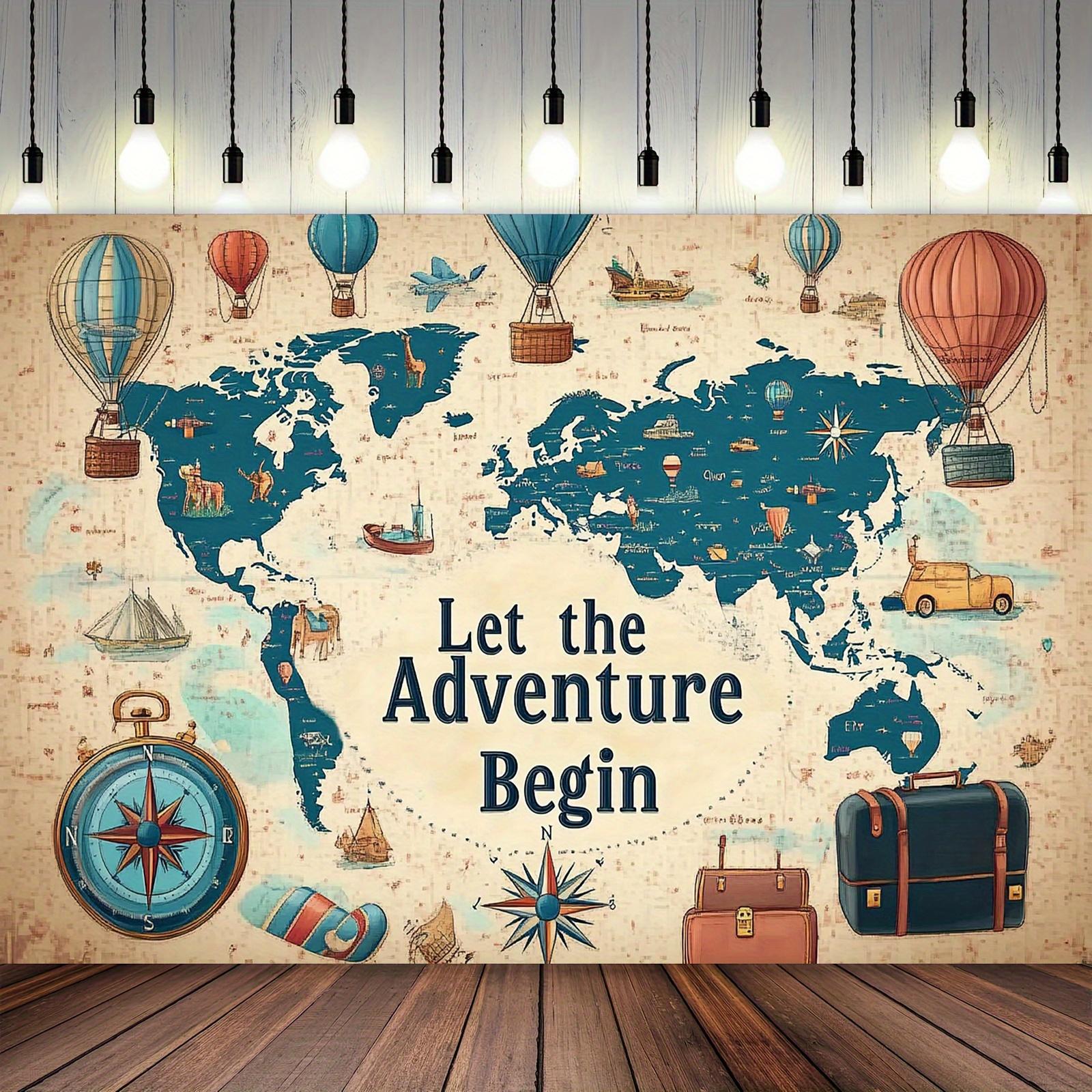 2D flat banner of world map adventure - Vibrant background featuring a compass airplane and travel themes 100x150cm