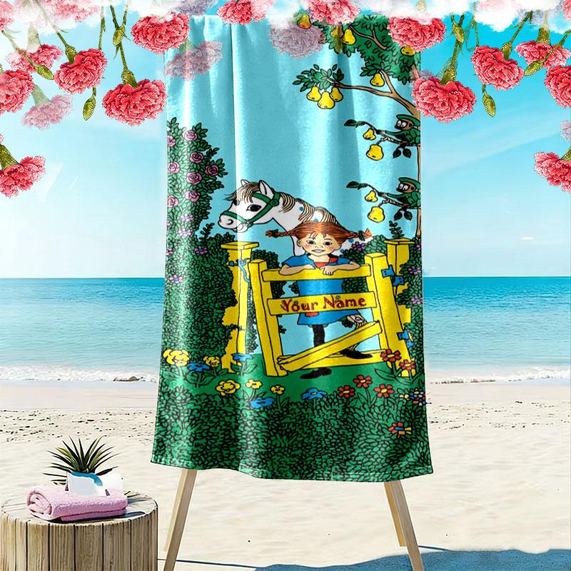Serviette de plage Pippi Longstocking avec impression de nom personnalisé, Grande serviette douce à séchage rapide pour la plage, le camping, la natation