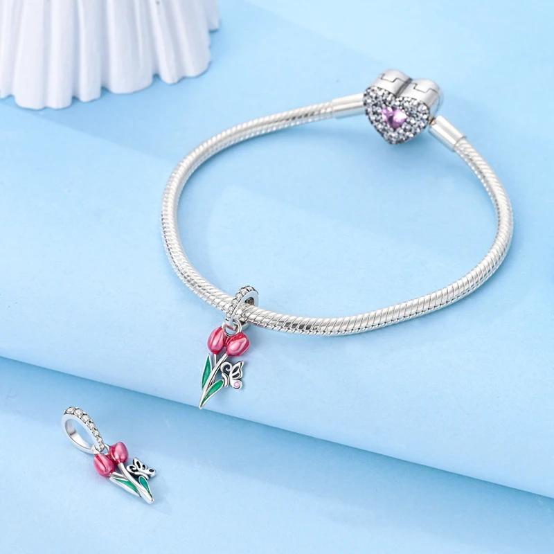 Charmscopperpink Tulip Butterfly Flower Beads Fit Plataoriginal Bracelets Women Jewellery Making Gifts