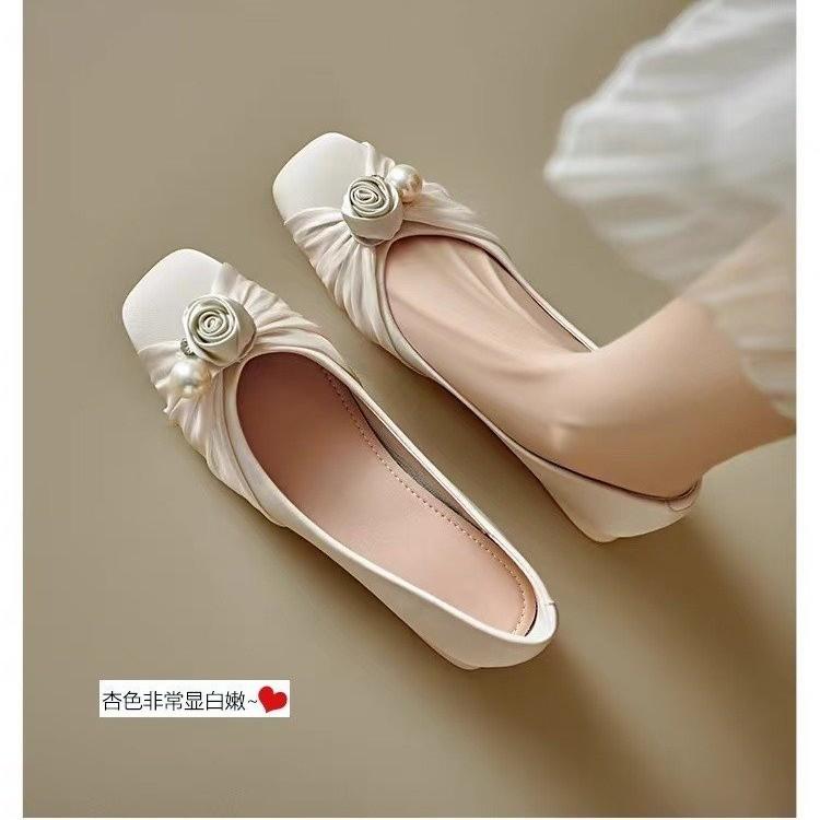 French temperament pearl flower thick heel single shoes women's shallow mouth gentle with skirt comfortable and versatile low heel evening ladyshoes
