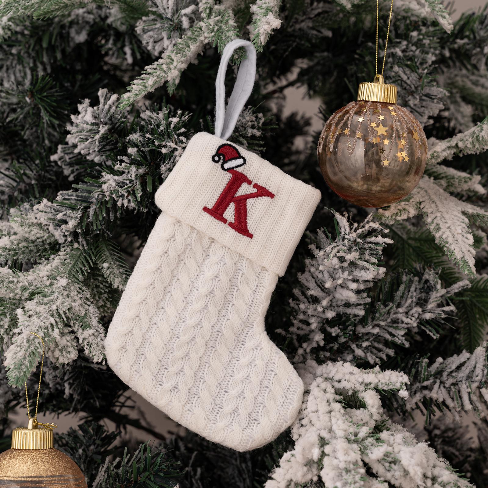 Embroidered White Christmas Stockings: Knitted Woolen Gift Bags for Kids