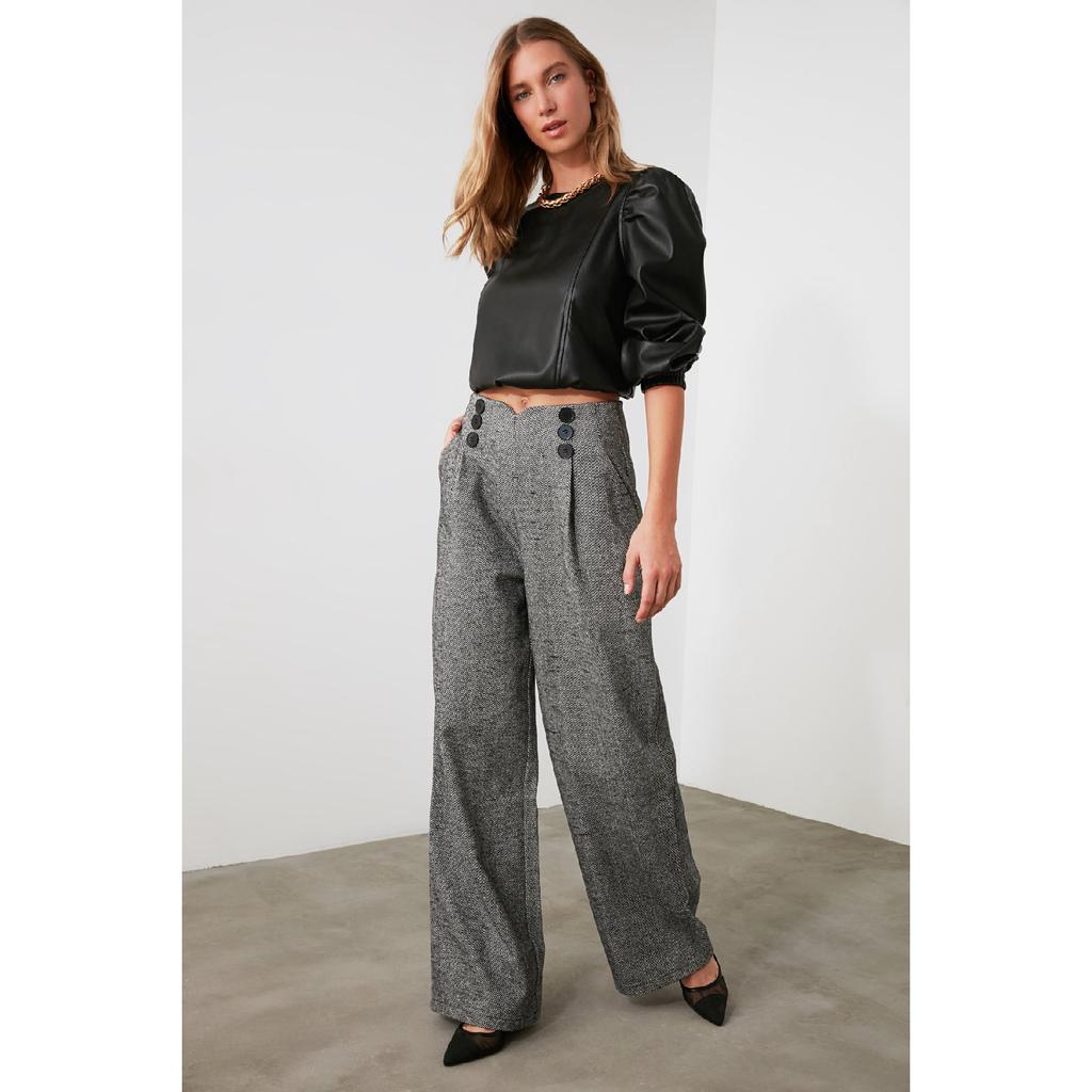 Szare, szczegółowe, tkane spodnie z szerokimi nogawkami i guzikami Twoaw21pl0492