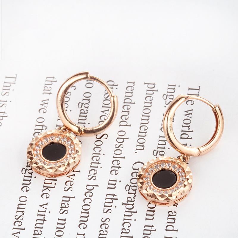 Purple Gold-Plated Rose Gold Black Stone Cart Flower Side Drill Geometric Round Ear Buckle Women'S Earrings