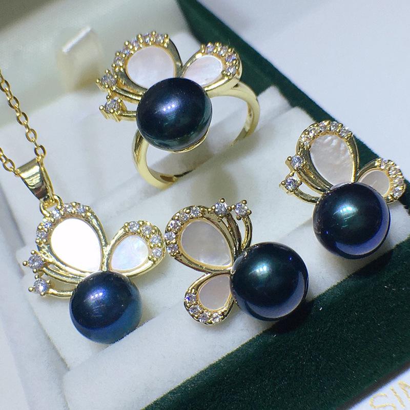 Elegant Summer Korean Style Butterfly Shell Freshwater Pearl Pendant Set for Women (8-9mm), 3-Piece
