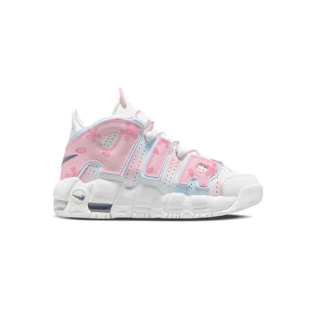 Nike Air More Uptempo Pink Cherry Blossom Ice Blue Air Cushioning Abrasion Resistant Mid top Basketball Shoes Women's DH9719-100(Team1868- )
