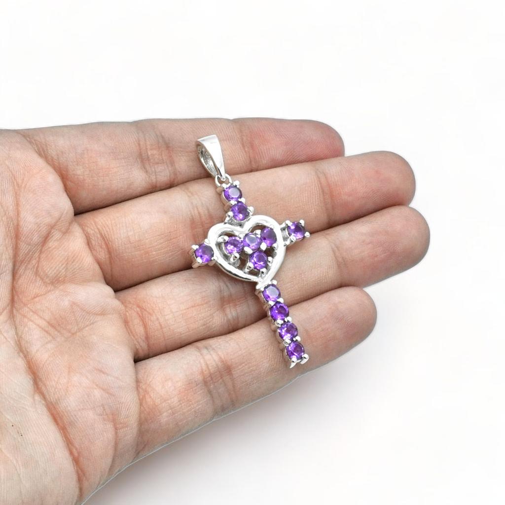 Amethyst Cross Pendant: 925 Sterling Silver Heart Charm