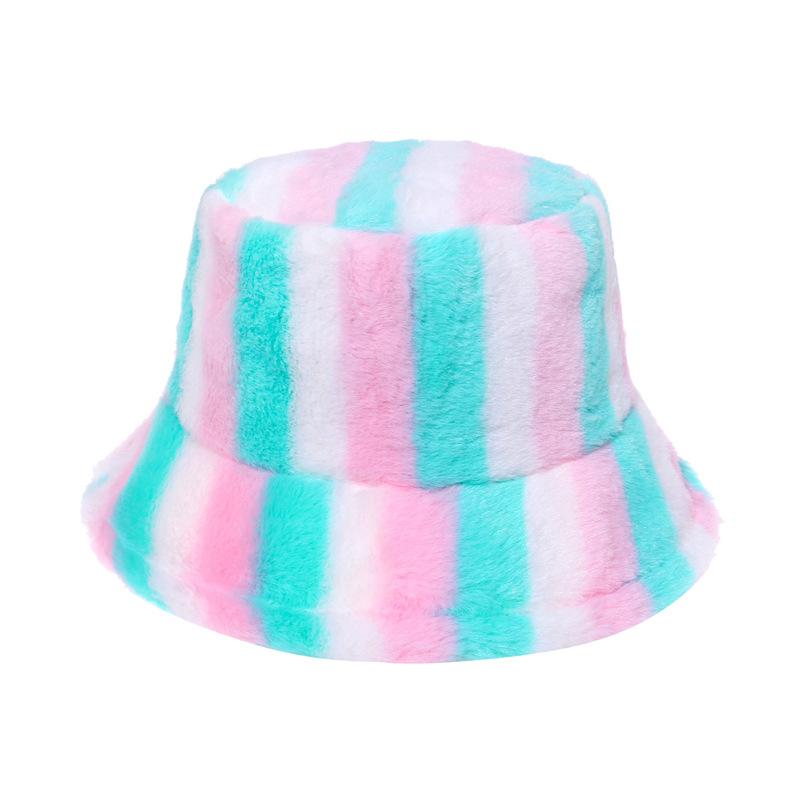 Japan and Korea casual fashion rabbit fur hat colorful striped basin hat warm bucket hat women's trend
