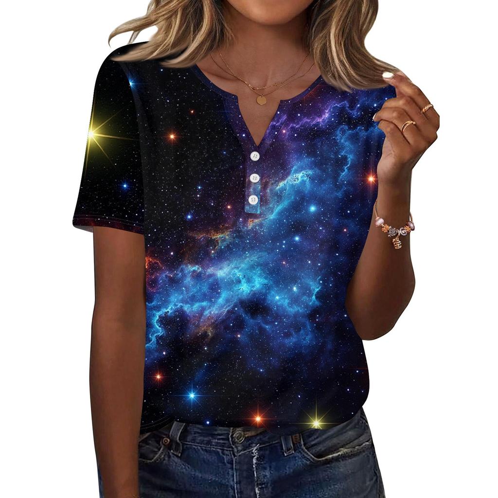 Damska Koszulka z Nadrukiem Guziki Krótki Rękaw Codzienna Weekendowa Moda Podstawowy Dekolt V Regularny Top