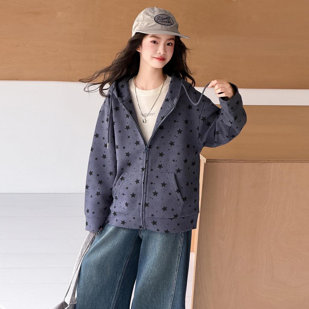 Korean Girls' Star Print Hooded Jacket - Spring/Autumn, Medium-Large, Loose Fit, Zipper Cardigan, Trendy Sweatshirt