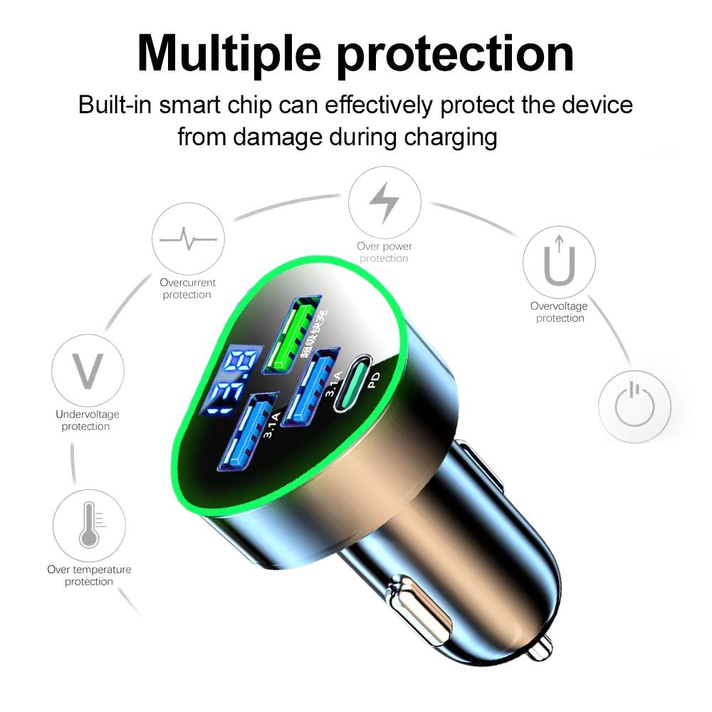 Car Phone Charger USB Type C Super Fast Charge in Car with LED Voltage Monitor for iPhone Samsung Huawei Oneplus Vivo Oppo