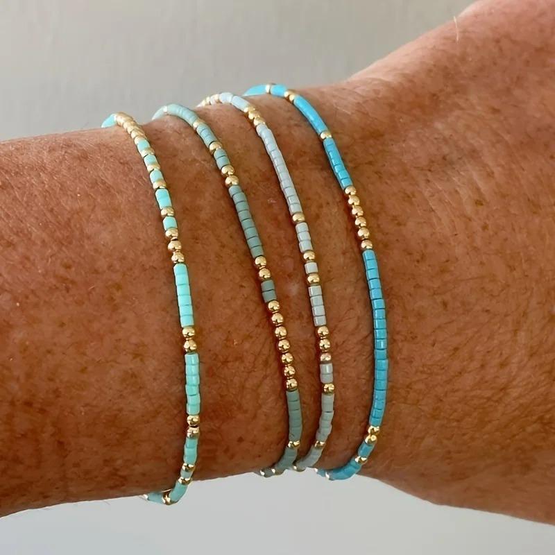 4pcs/set Bohemia Turquoise Color Seedbeads Stretch Bracelet Jewelry Glassbeads Elastic Handmade for Women Girls Daily Wear Gifts
