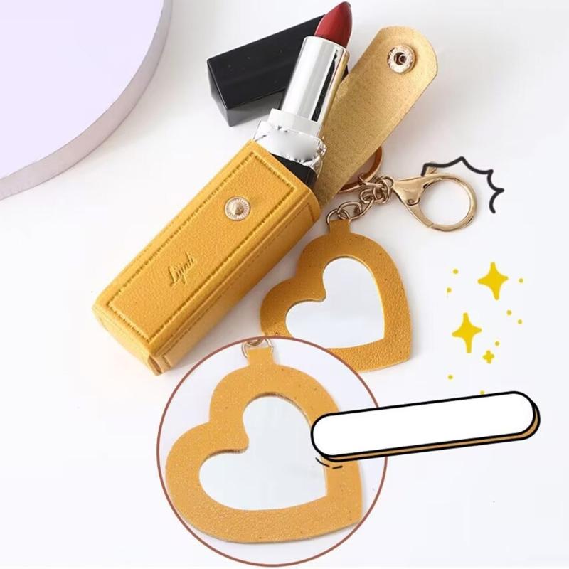 PU Leather Lipstick Bag Keychain Heart Pendant Mini Portable Key Chain Keyring