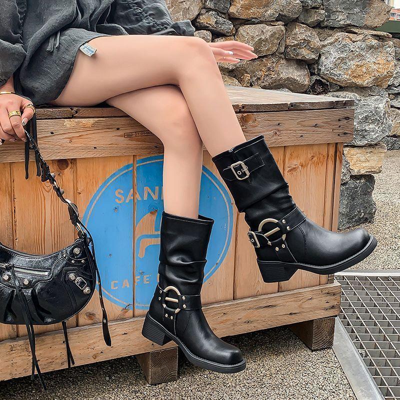 Fashion Leather Fleece-Lined Middle Heel Half High Boots for Women Comfortable and Elegant Y2k Large Size Warm Pu Mid Calf Shoes Woman