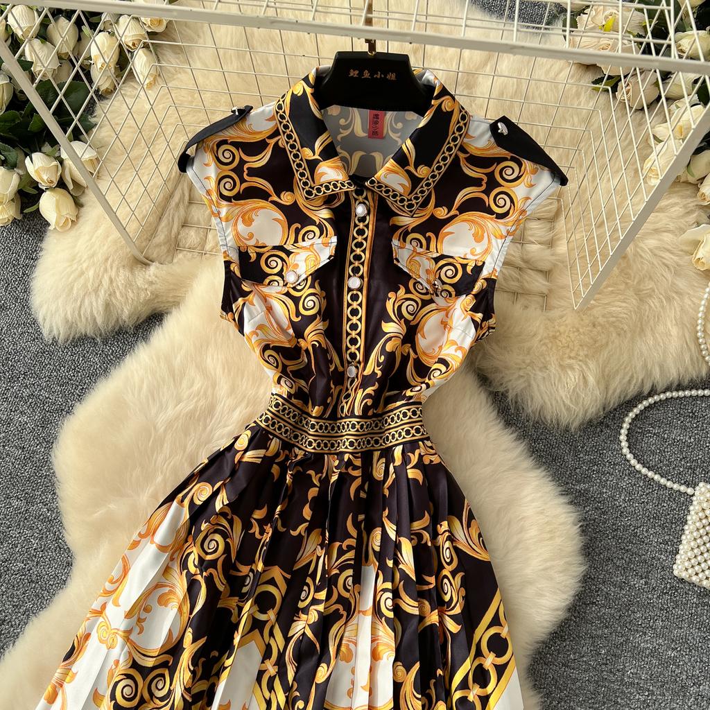 France Elegant Vintage Slim Evening Dress Women Print Button Pleated Long Party Dress Female Casual Chic Holiday Clothing New