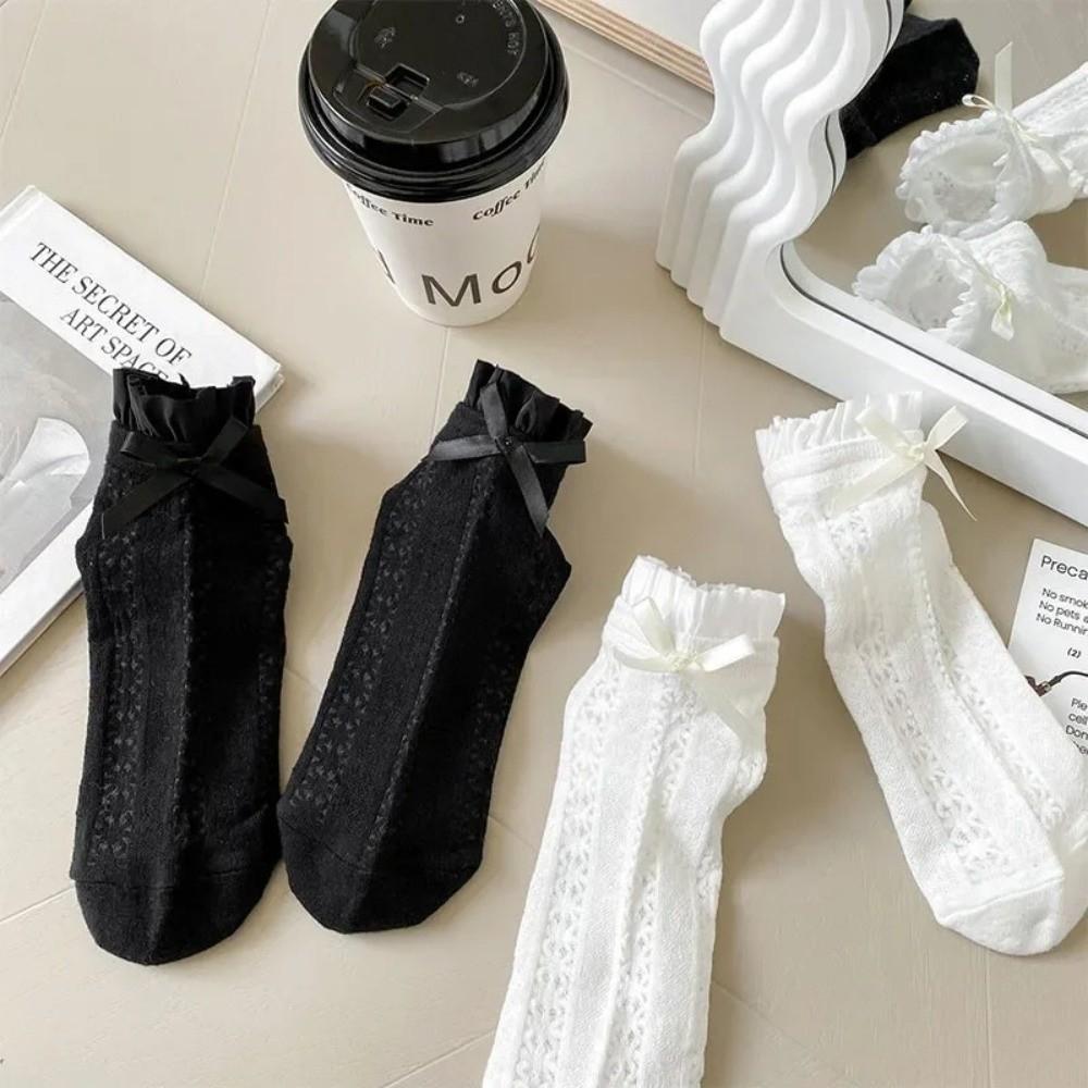 1 pair Hollow Out Mesh Princess Bow Socks Breathable Ruffle Lace Socks Low Tube Socks Women Girls