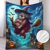 1pc Halloween Witch-Themed Flannel Blanket - Soft Warm Polyester Throw with Spooky Witch & Cat Design, Perfect for Home, Office, Camping, and Gifts, M