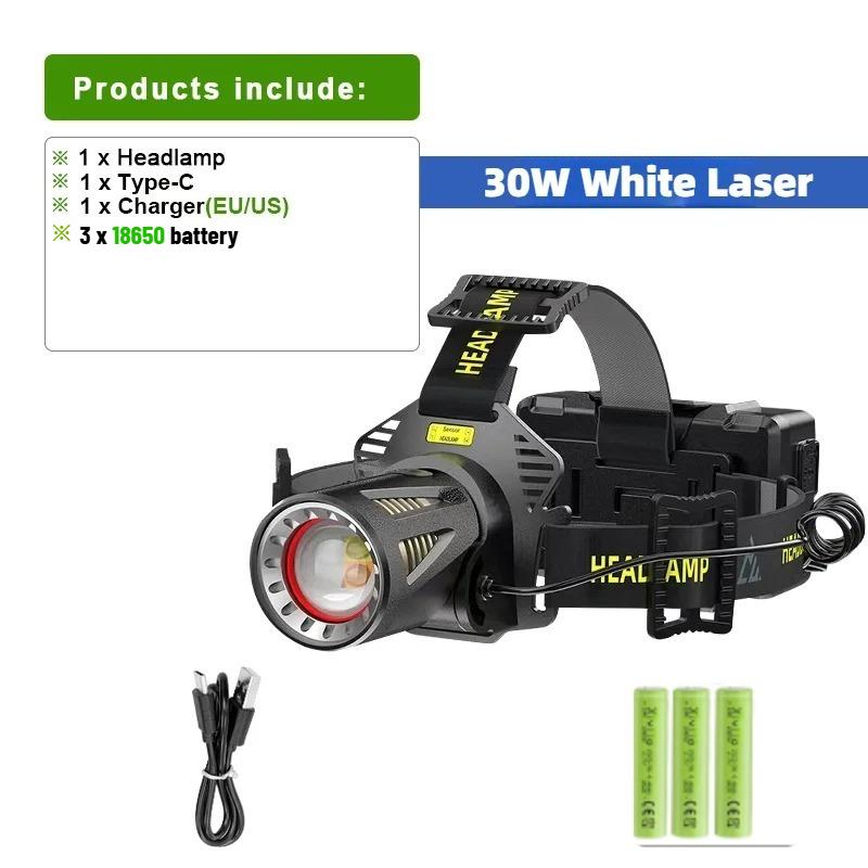 30W High Power XHP360LED Stirnlampe Wiederaufladbare Stirnleuchte Outdoor Wasserdicht LED IR Sensor Camping Jagd Stirnlicht Arbeitslicht