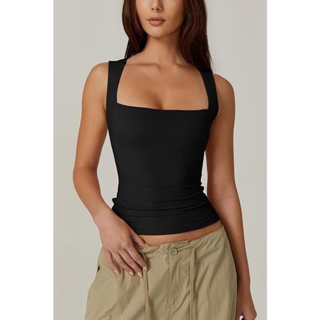 New Summer Women's Square Neck Sleeveless Double Layer Basic Slim Fit Tank Top Black