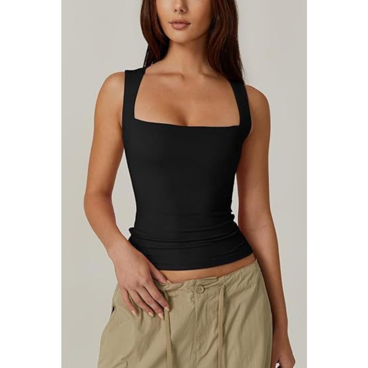 New Summer Women s Square Neck Sleeveless Double Layer Basic Slim Fit Tank Top Black S чёрный