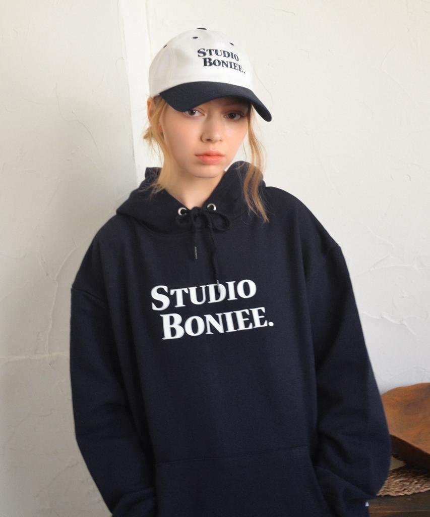 [Fleece Lined] Logo Typo Oversized Hoodie Navy