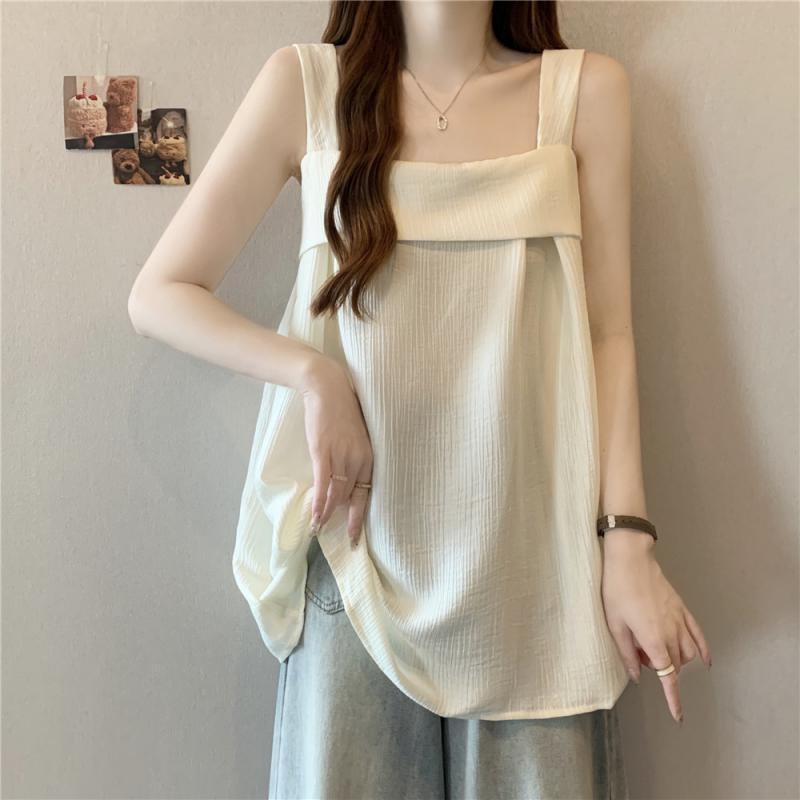 

Plus Size Mid-Length Spaghetti Strap Tank Top for Women - Summer Fashion, Loose Fit, Belly Covering 2XL for 190-240 jin абрикосовий