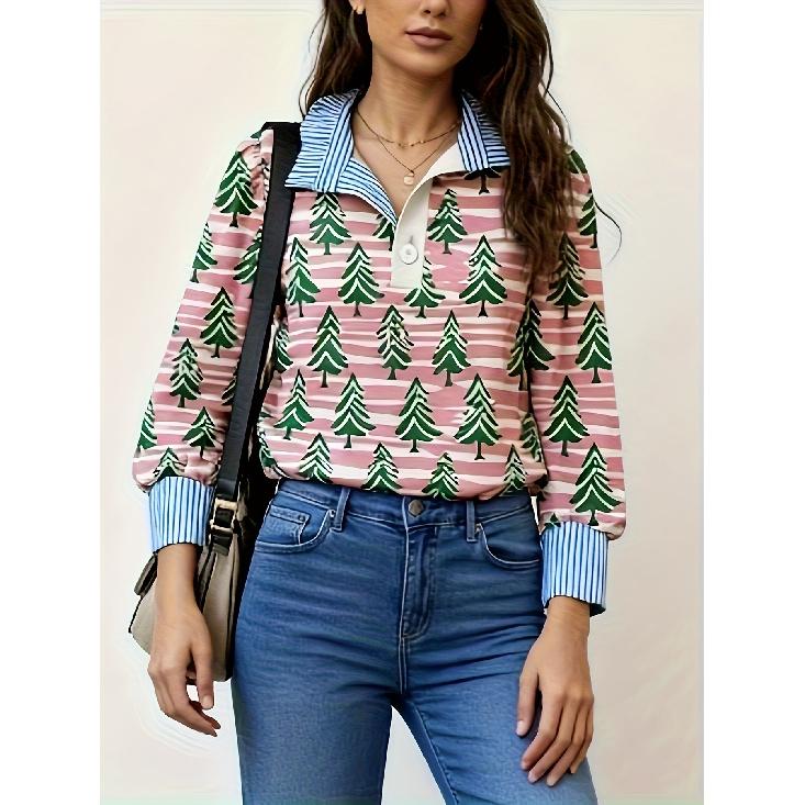 Women's Retro Christmas Pattern Blouse - Turn-Down Collar Long Sleeve, Loose Casual Silhouette, Festive Gift Tree Print Top Suitable for Fall/Winter