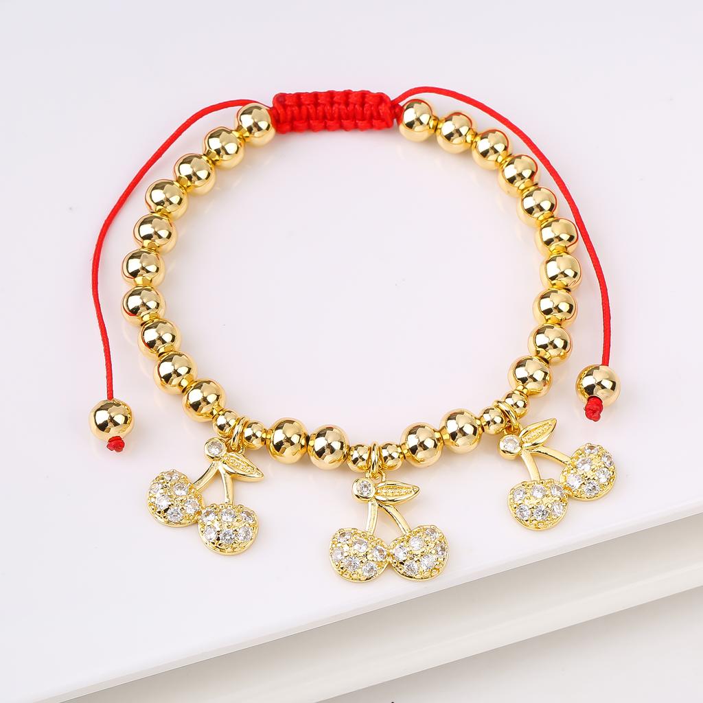 Hot Sale Cute Cherry Strawberry Pendant Copper Bead Chain Bracelet High Quality Crystal Zirconia Fruit Jewelry For Daily Wear