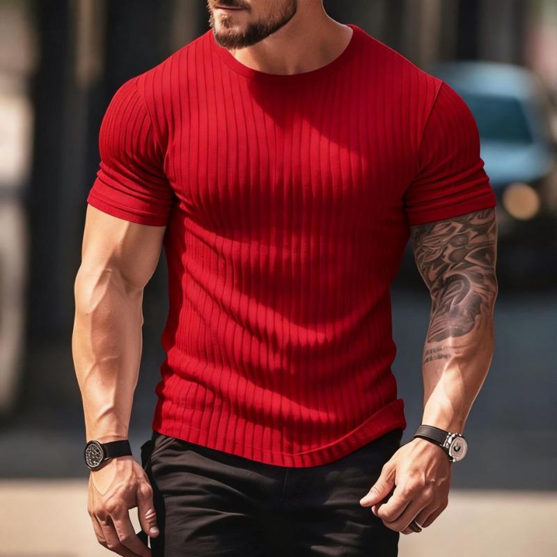 T-shirt Sport Fitness Décontracté d'Été pour Homme Col Rond Élastique Rayures Verticales Manches Courtes