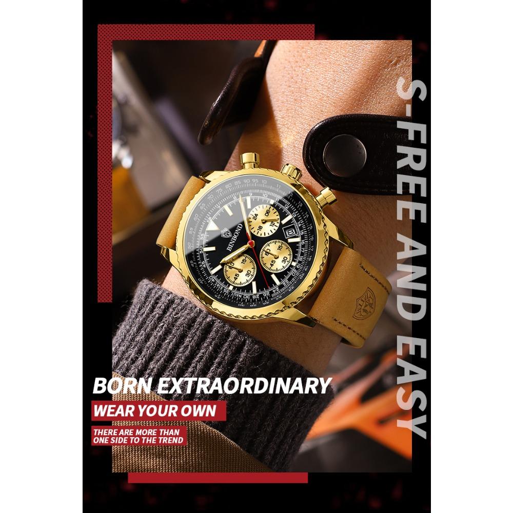 BINBOND Top Brand Man Quartz Watch Waterproof Luminous Date Chronograph Leather Wristwatch Military Sports Luxury Men's Watches