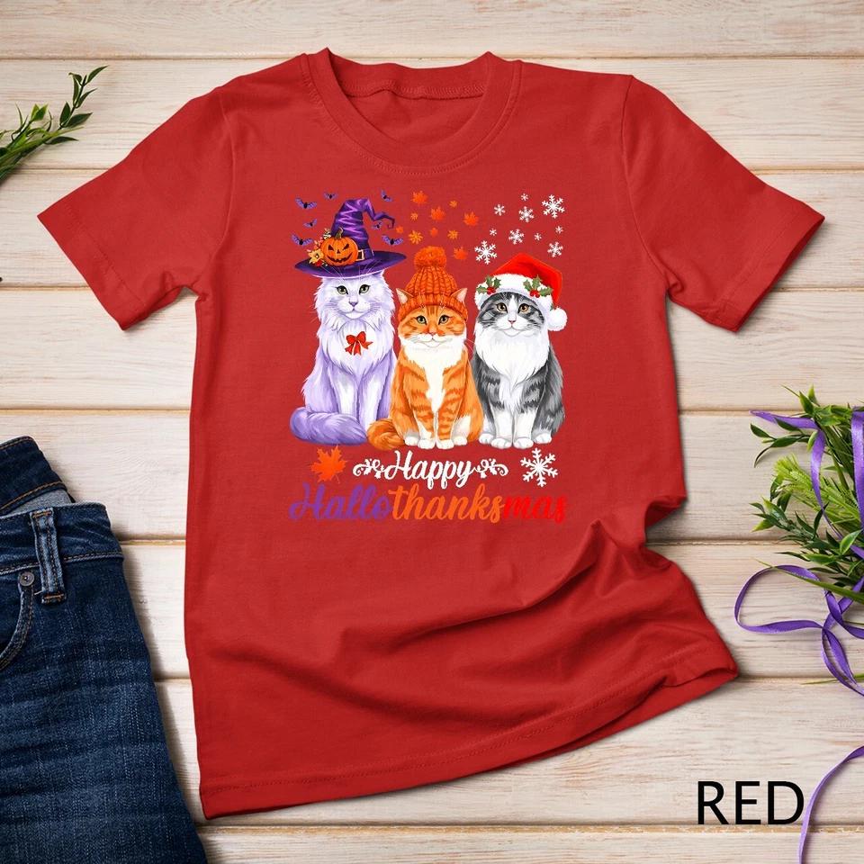 Happy HalloThanksMas Cats Halloween Thanksgiving Christmas Unisex T-shirt 8 S