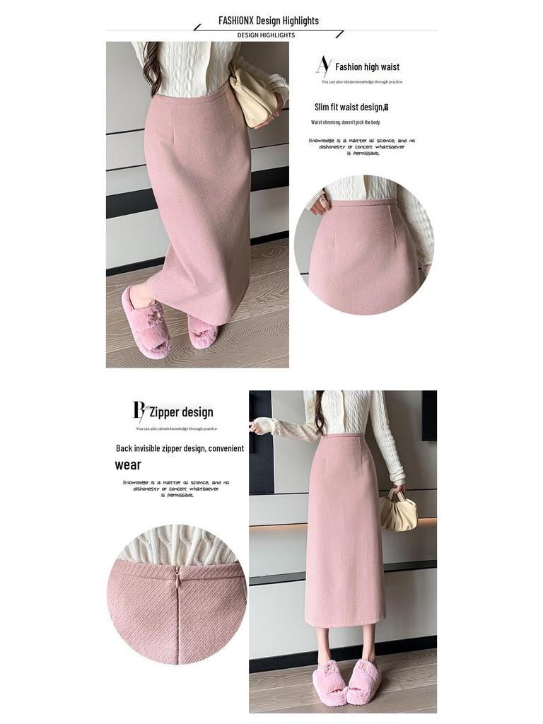 Women's 2025 Pink Wool High-Waist A-Line Midi Skirt for Autumn and Winter