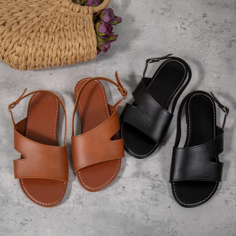 Flat-soled Sandals Women's Summer Solid Color Round Head One-word Buckle Outer Wear Casual Women's Shoes