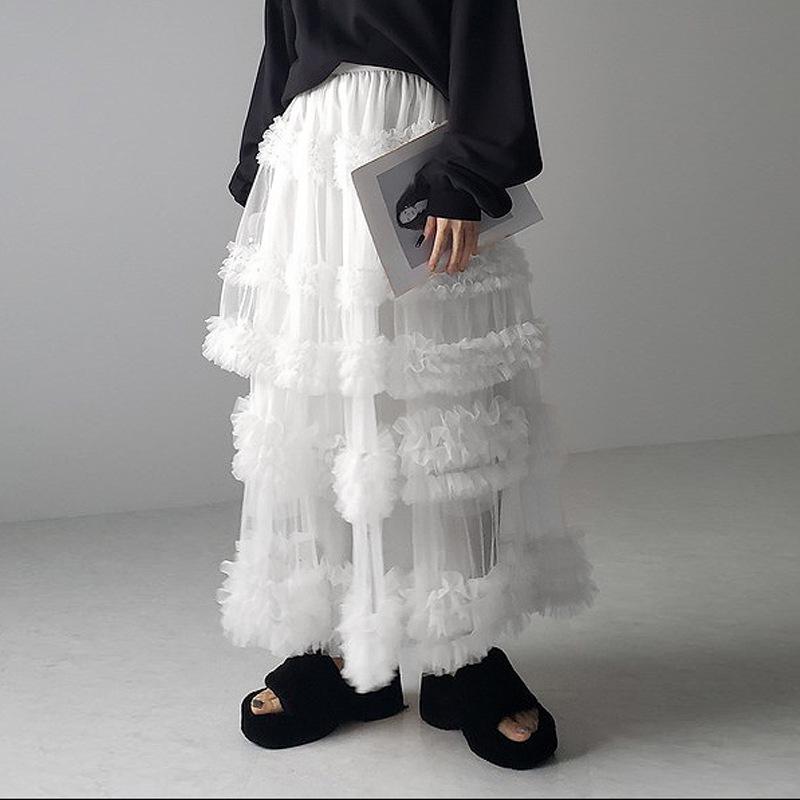 

Women s Japanese-Style A-Line Long Skirt: White Three-Layer Mesh Gauze or Black Mesh Skirt for Autumn/Winter One Size