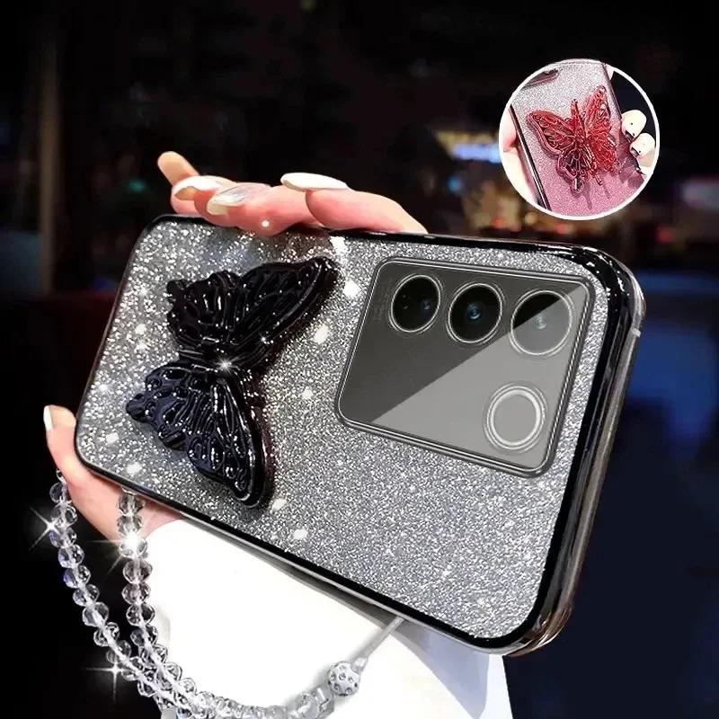 3D Butterfly Phone Holder Crystal Bracelet Glitter Plating Case for Samsung Galaxy A16 A06 5G Bling Soft Back Cover