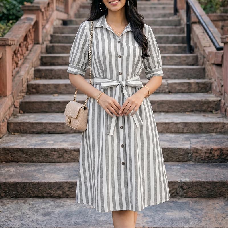 ZANZEA Lässiges Kleid mit Umlegekragen und kurzen Ärmeln und Streifen für Damen