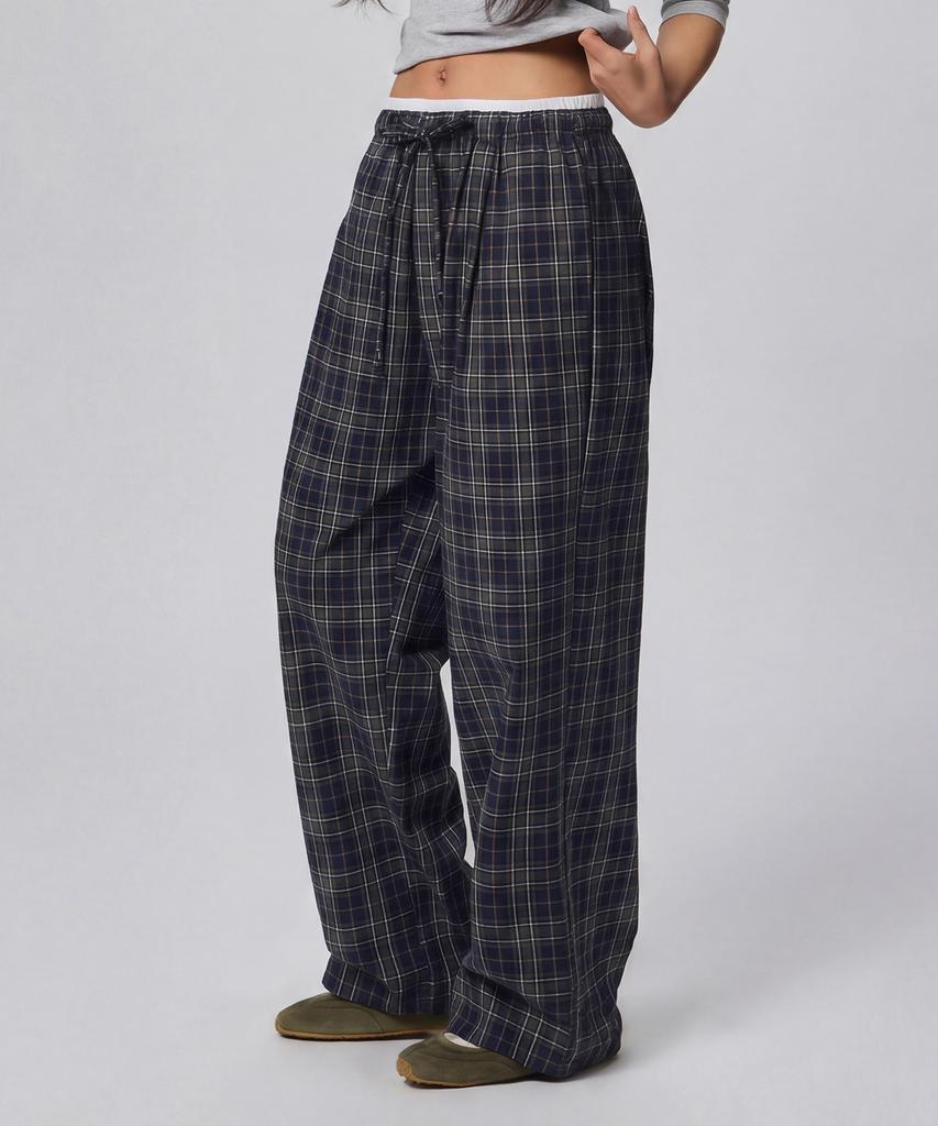 Beodeonteu Check Layered Single-Pleat Wide Pants [Green]