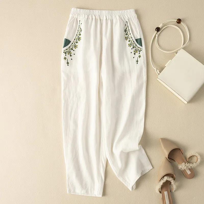 Women's Retro Embroidered Cotton-Linen Carrot Pants: 2024 Loose Harem Style for Spring, Summer, and Autumn
