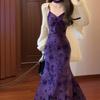 Especially Beautiful Waist Pinch Sexy V-neck Suspender Dress Purple Butterfly Floral Figure Temperament Wear a Long Dress