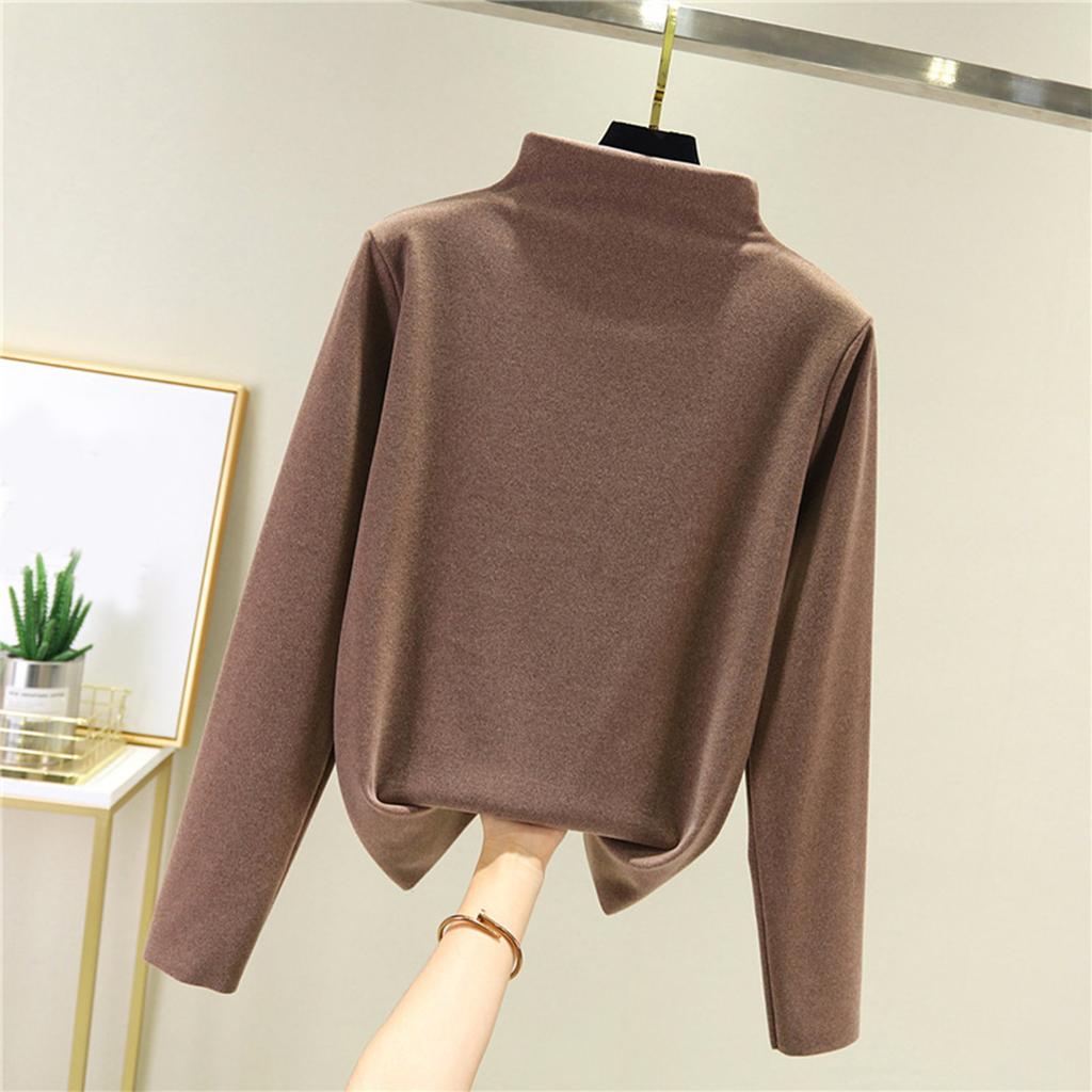 Women's Thick Fleece Base Shirt With Warm Inner Layer And Seamless Long Sleeved T-shirt Half High Neck Top