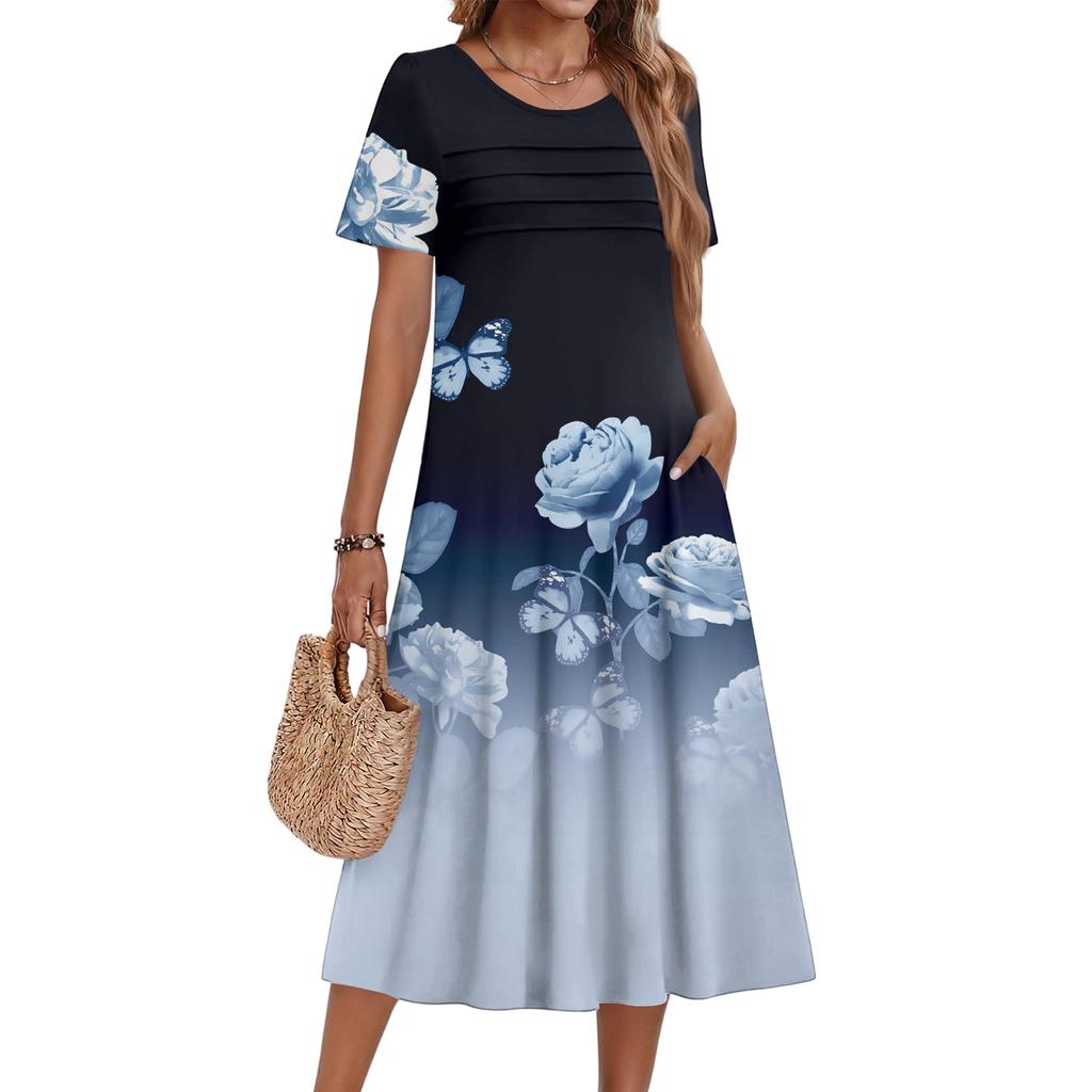 Ladies' Floral Printed Casual And Fashionable Short Sleeved Round Neck Dress