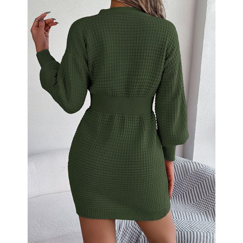 Women's Autumn/winter Twist Lantern Sleeve Hip Knit Button Sweater Dress