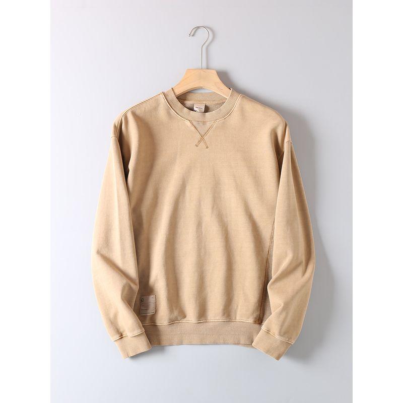 Heavyweight Washed Cotton Terry Crewneck Sweatshirt for Men, Spring and Autumn Vintage Trendy Top Jacket