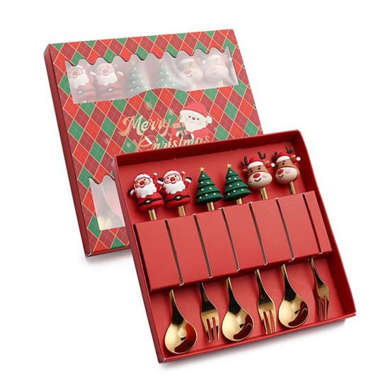 6Pcs/Set Stainless Steel Spoon Fork Set Santa Claus Snowman Deer Christmas Tree Hat Decor Tableware Holiday Party Supply