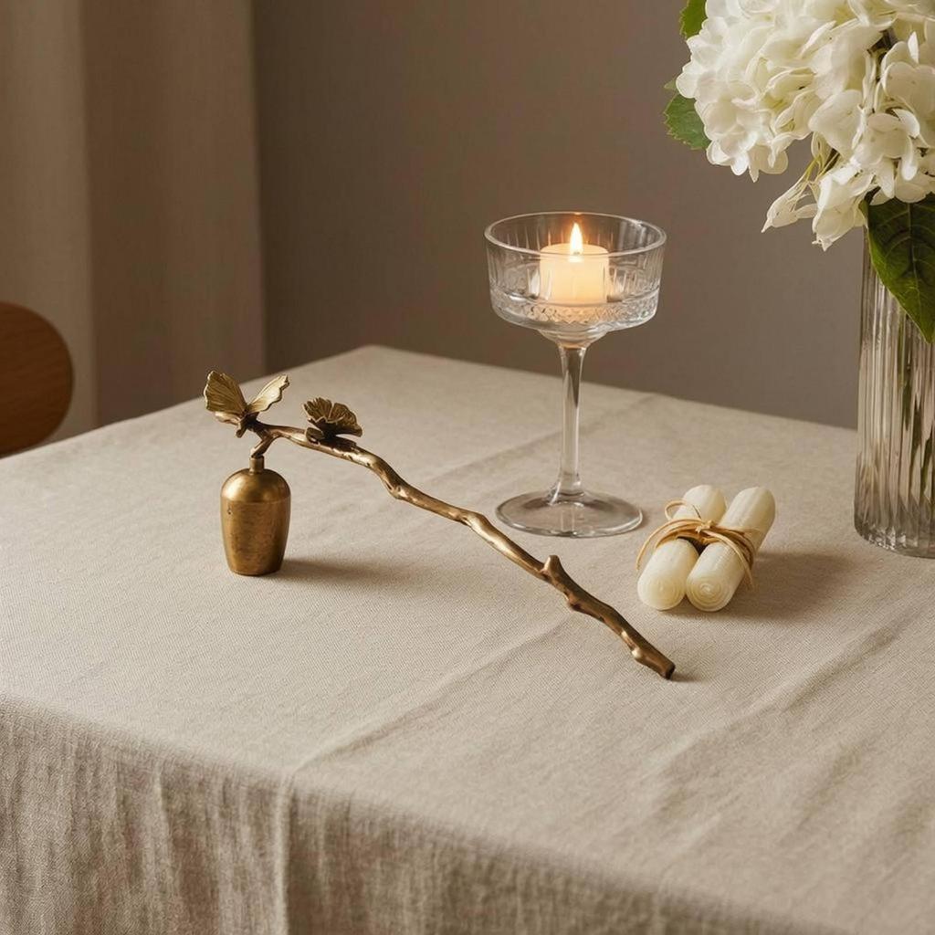 Ginkgo Leaf Candle Butterfly Accents Brass Long Handle