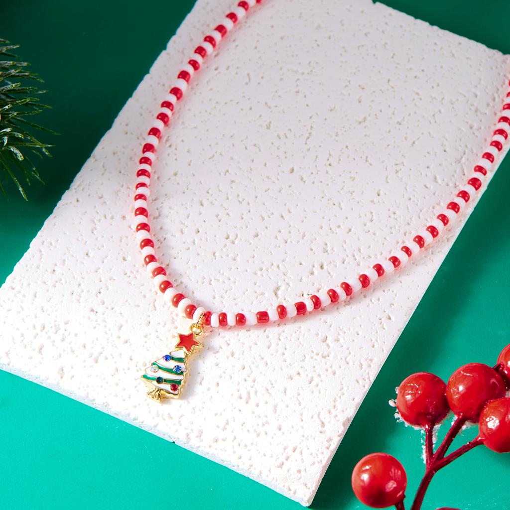 Merry Christmas Rice Beads Necklace For Women Girls Christmas Tree Snowman Santa Claus Crutch Clavicle Choker Xmas Jewelry Gifts
