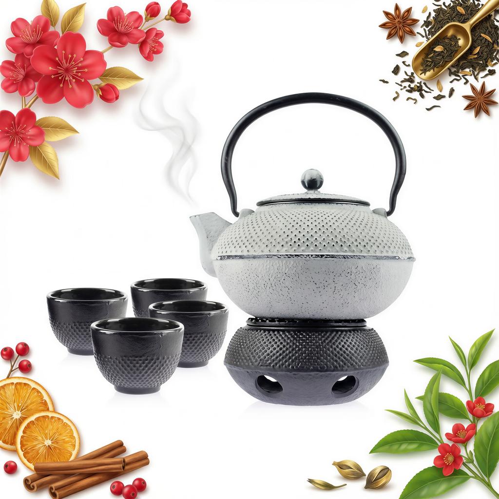 CAST IRON KETTLE 1.5L TEA POT WITH TEA INFUSER + 4x CUPS WARMER