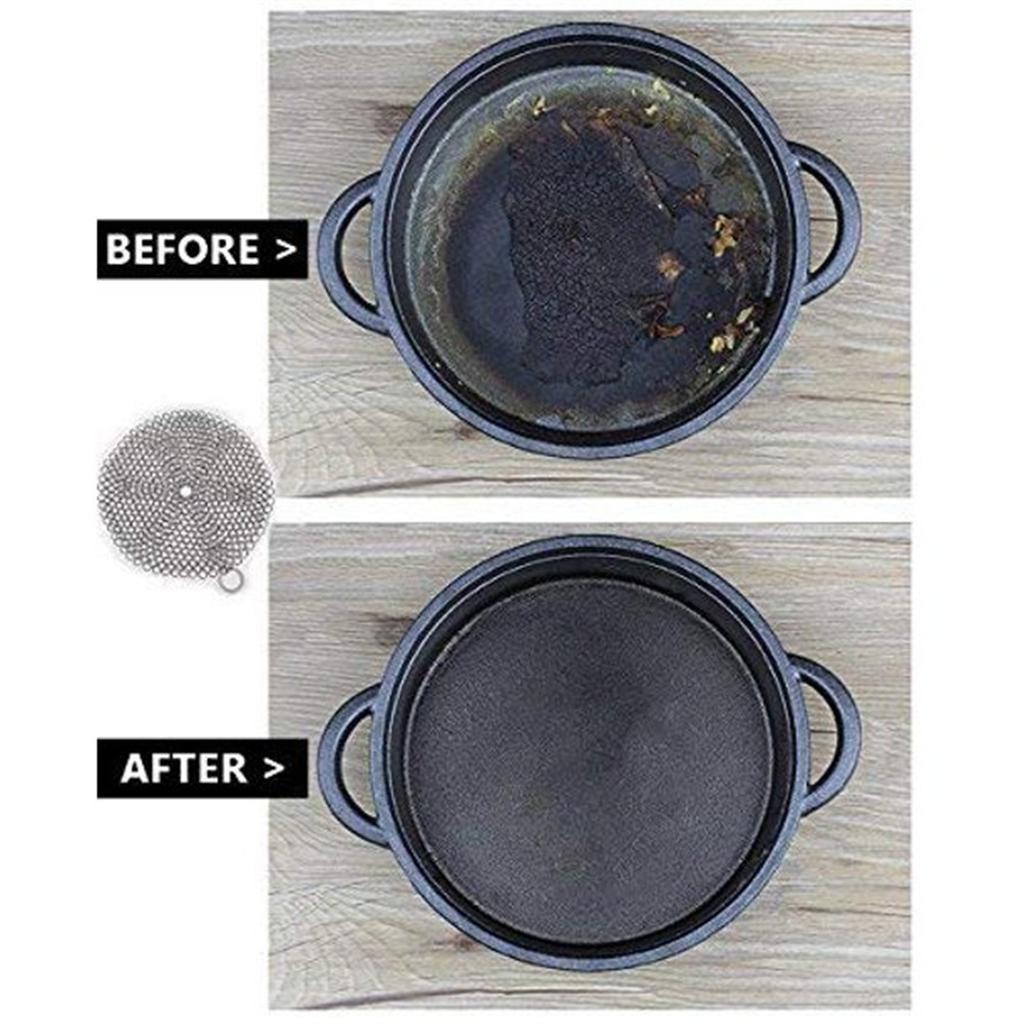 Stainless Steel Iron Skillet Cleaner Chainmail Cleaning Scrubbers With Hanging Ring For Pot Cookware Round 7 Inch Diameter